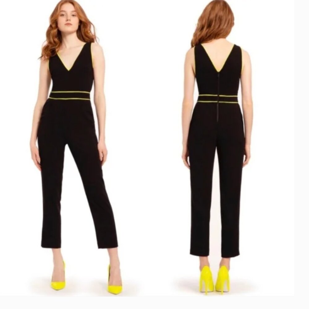 NWT ALICE + OLIVIA Black Jeri Neon Yellow Piped Jumpsuit Size 6